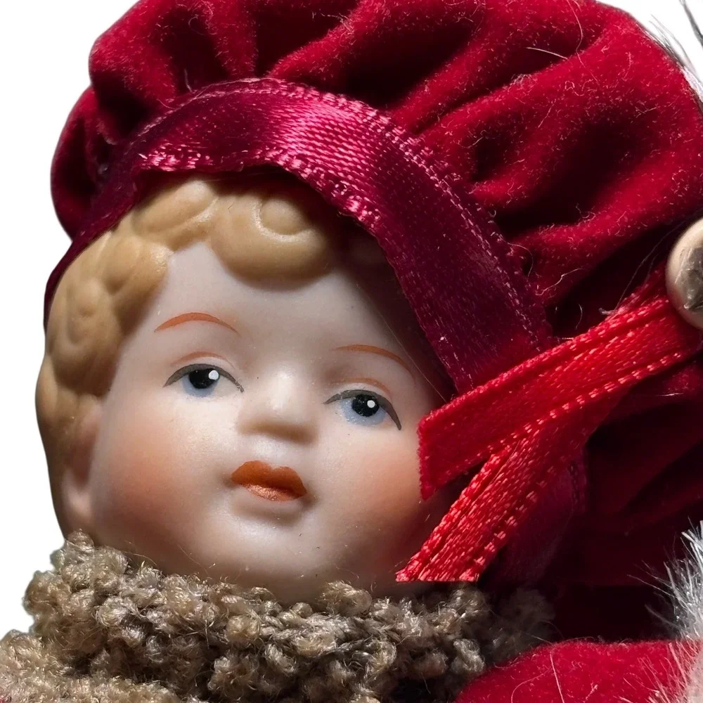 Christmas Ornament Red Velvet Victorian Caroler Porcelain Faux Fur Trim 6.5